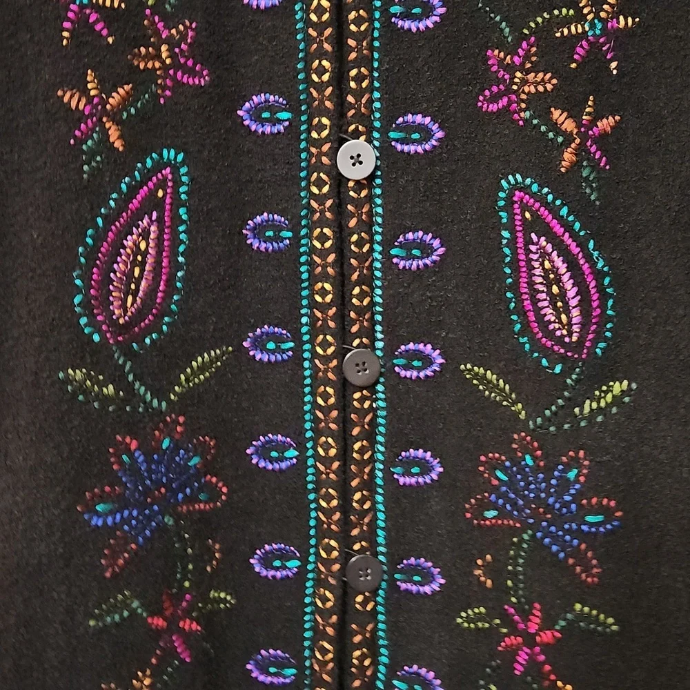 Linea By Louis Dell'Olio Black Wool Blend Long Coat Colorful Floral Sz 2X - Picture 2 of 8